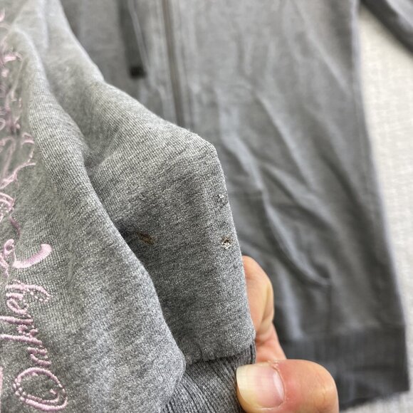 Y2K Oakley Full Zip Hoodie Wom MGrey / Pink Flower Sleeve AOP Boho Hooded Strech - Picture 9 of 16